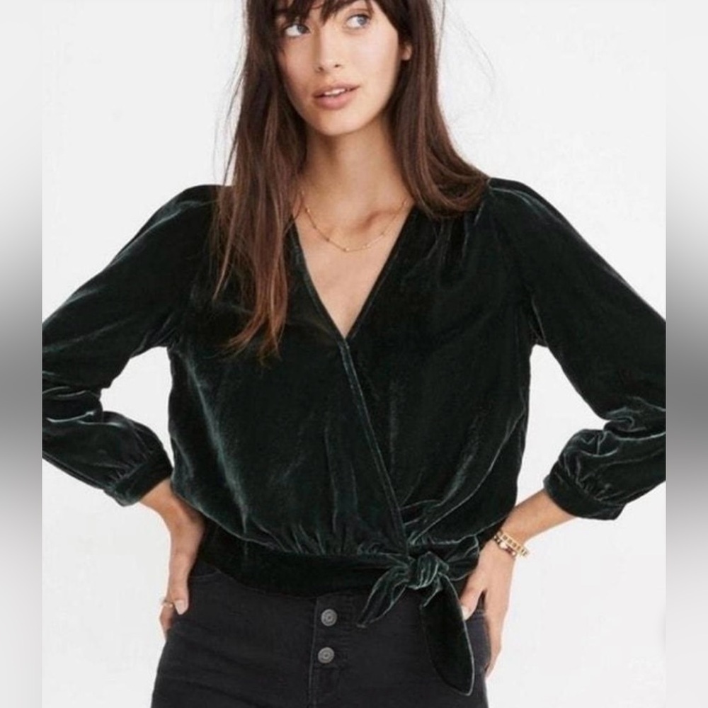 Madewell Crushed Green Velvet Wrap Top• S